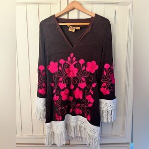 TORY BURCH embroidered floral terry cloth crochet Fringe Tunic Medium